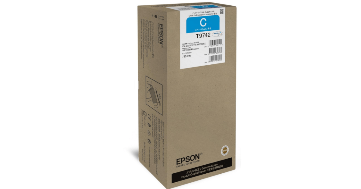 Experience high-capacity and high-quality printing with the Epson T9742 XXL Cyan Ink Cartridge (C13T974200). Compatible with several Epson WorkForce Pro models, this ink cartridge has a capacity of 735.20 ml and can print approximately 84,000 pages. Get sharp and vivid cyan color with every print and upgrade your printing experience today